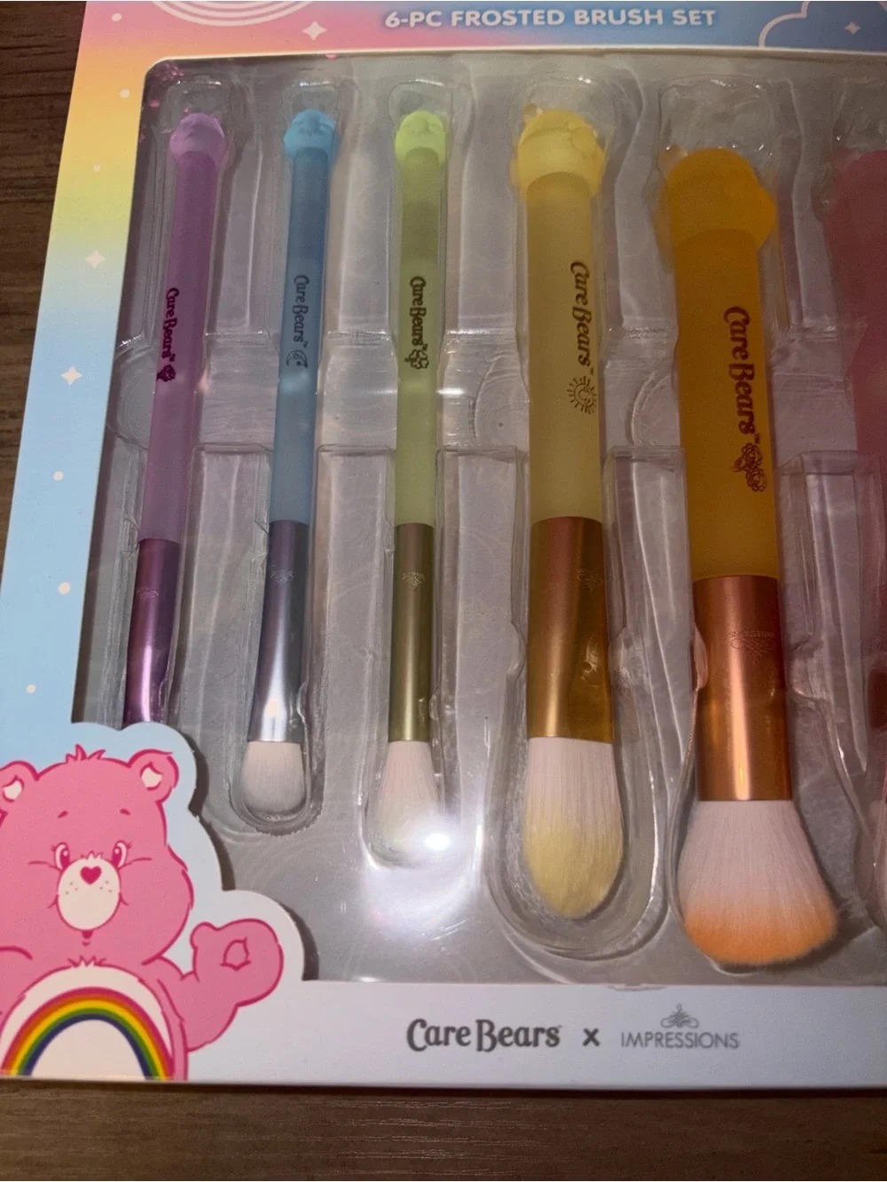 Care Bears Pastel Rainbow 6 Pc Makeup Brush Set Bear Handle Brushes NIB